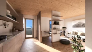 Vollholzwohnen Visualisierung Innenraum Kaprun