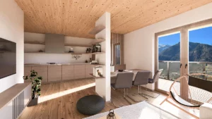 Visualisierung der Wohnküche im Bauprojekt Kaprun