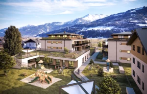 Außenvisualisierung der Wohnanlage in Piesendorf mit einer Kinderbetreuungseinrichtung