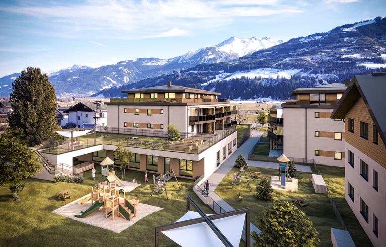 Außenvisualisierung der Wohnanlage in Piesendorf mit einer Kinderbetreuungseinrichtung